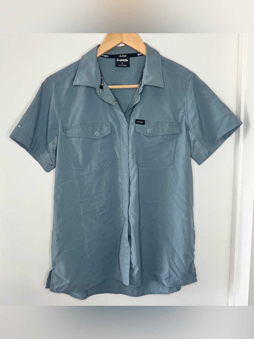 NRS River Guide Short Sleeve Button Up Shirt Blue UPF 50 Women’s Large Quick Dry